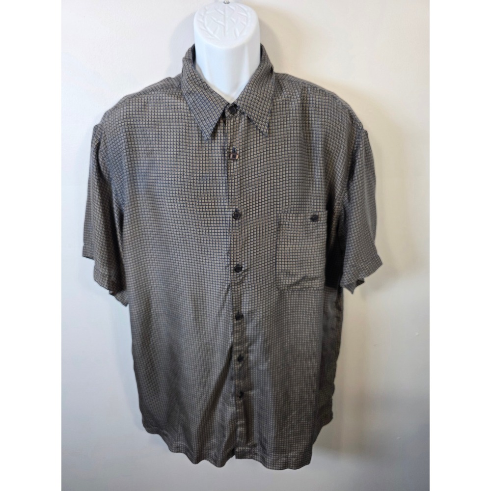 Marc Edwards Mens XL Short Sleeve 100% Silk Button Down Shirt Geometric Navy Tan